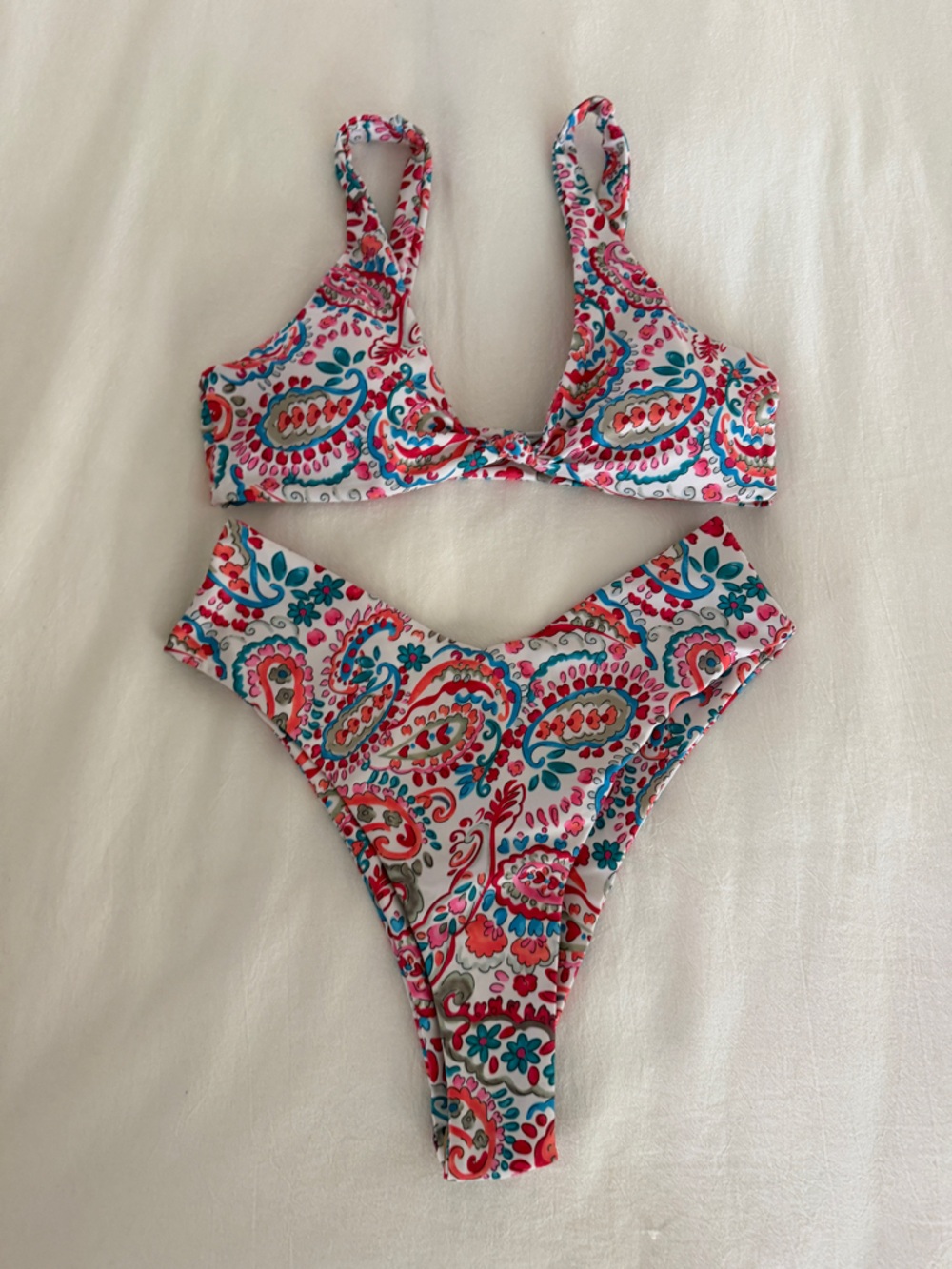 Cupshe White Paisley Bikini Set with Pink & Teal Accents